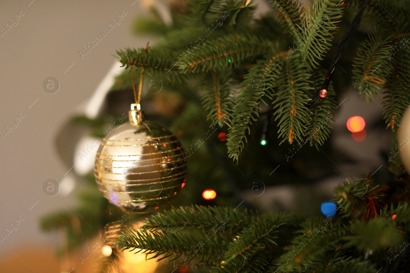 Photo of Beautiful Christmas tree with stylish decor, closeup