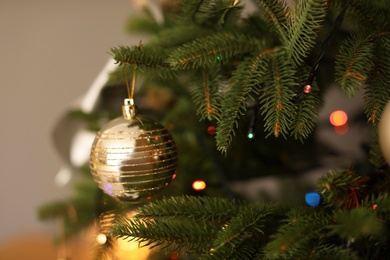 Photo of Beautiful Christmas tree with stylish decor, closeup