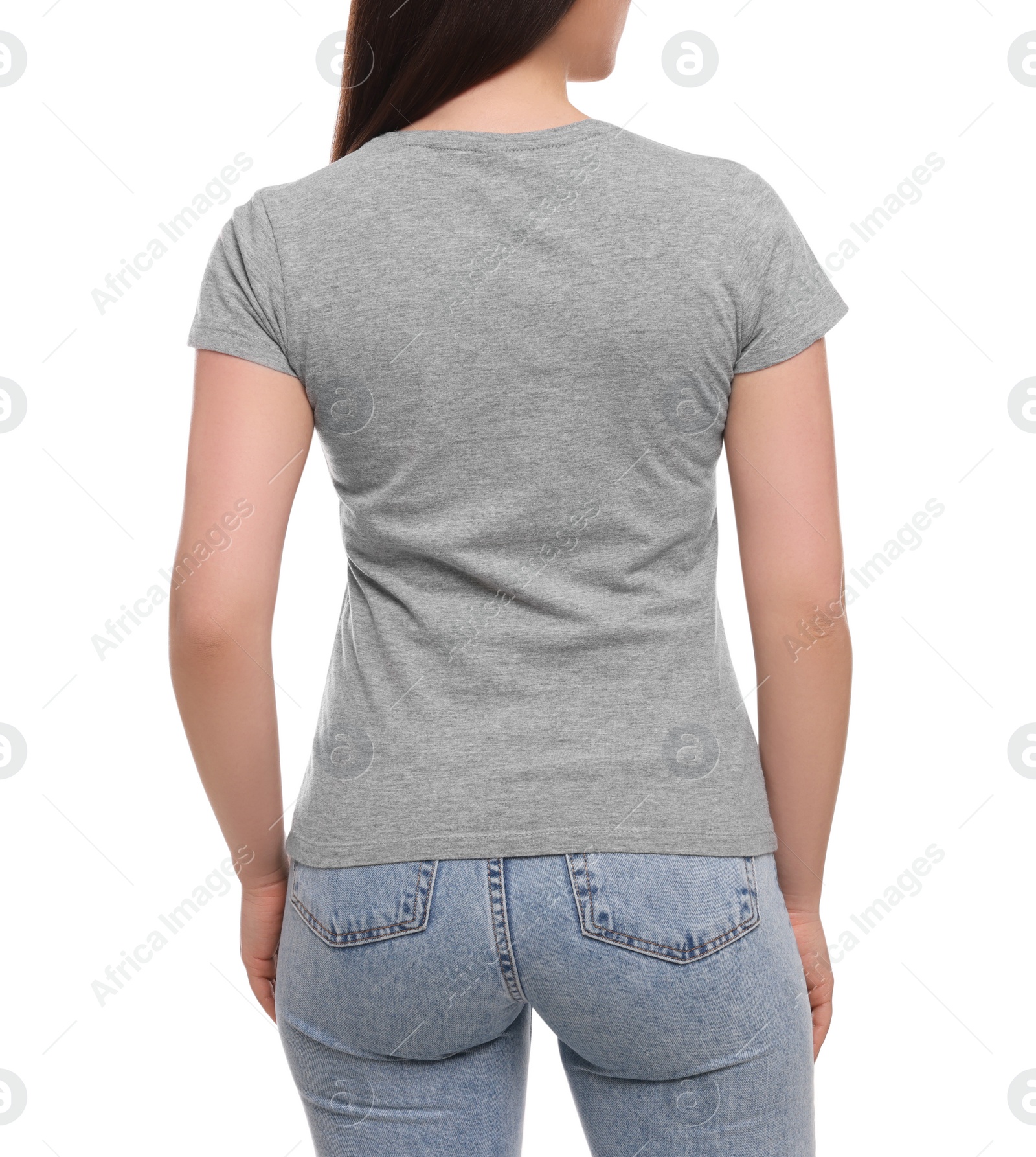 Photo of Woman wearing stylish gray T-shirt on white background, closeup