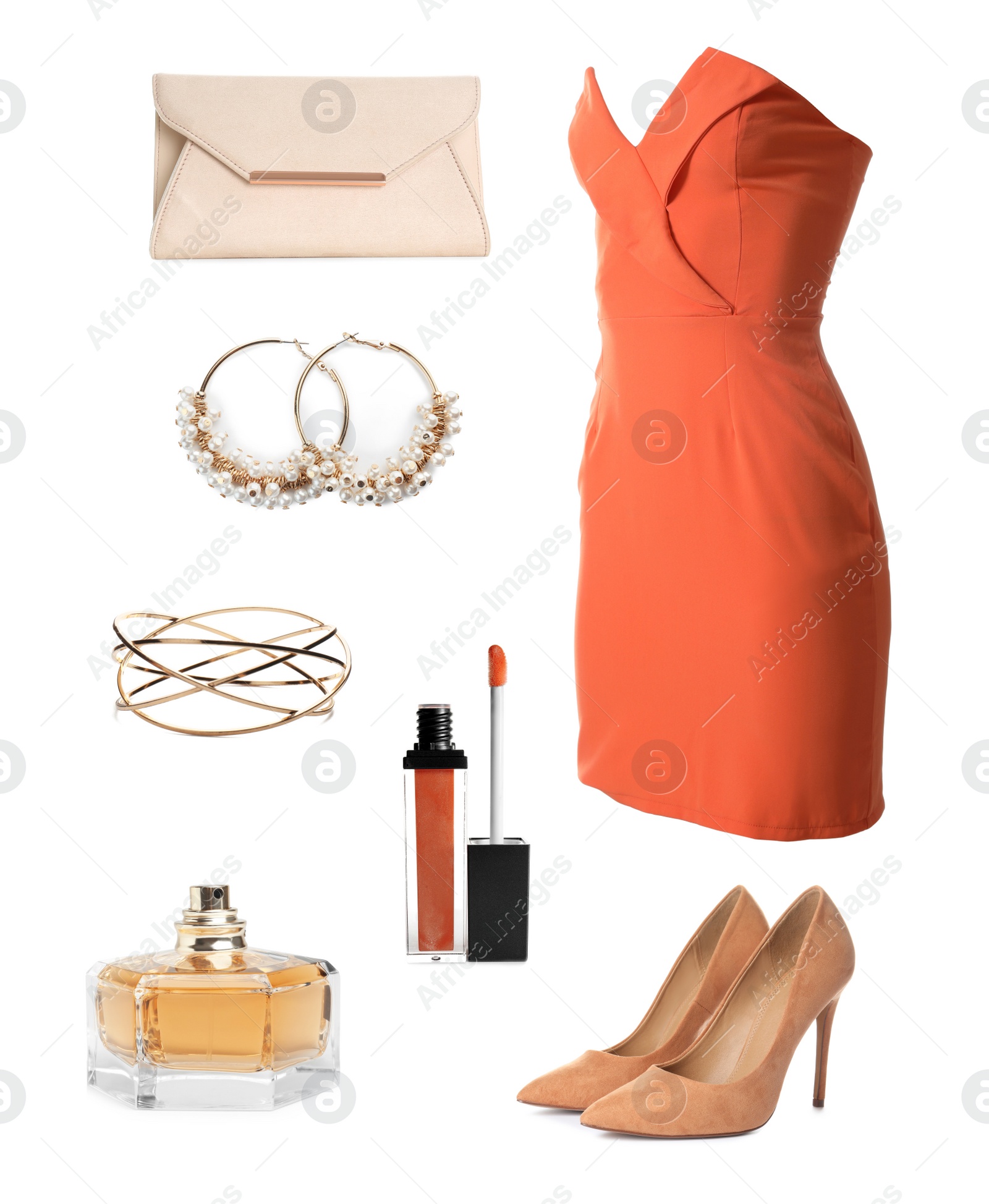 Image of Elegant outfit. Collage with dress, shoes, accessories and cosmetics for woman on white background