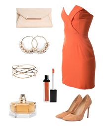 Image of Elegant outfit. Collage with dress, shoes, accessories and cosmetics for woman on white background