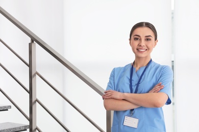 Portrait of young nurse in hospital. Medical assistant