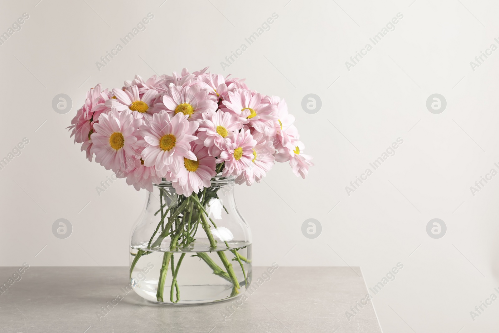 Photo of Vase with beautiful chamomile flowers on table against light background. Space for text