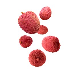 Many lychees falling on white background. Exotic fruit