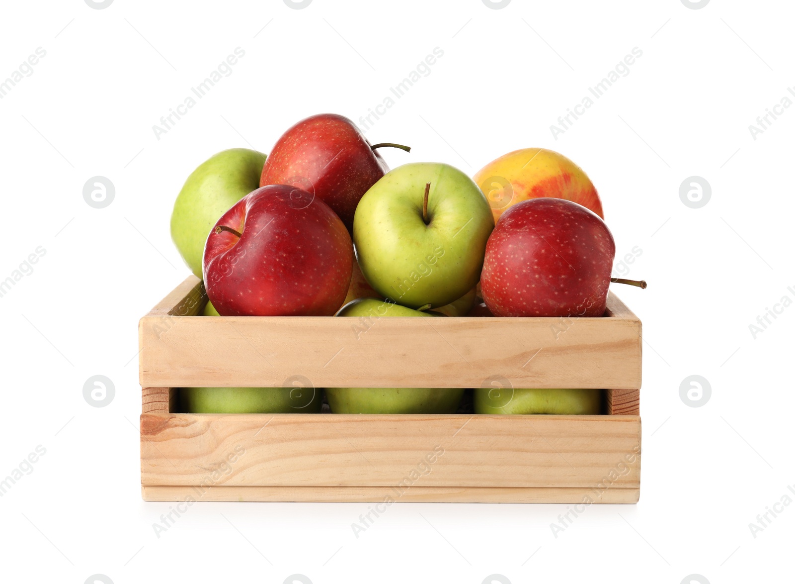 Photo of Wooden crate full of fresh apples on white background