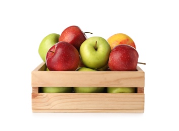 Wooden crate full of fresh apples on white background