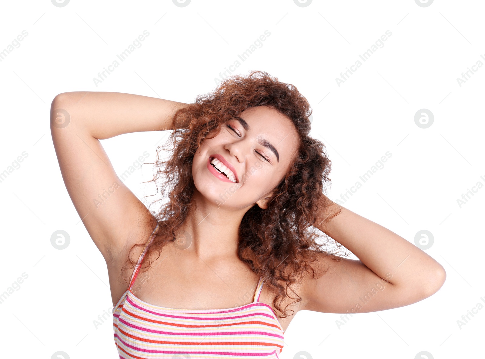 Photo of Portrait of beautiful laughing African-American woman on white background