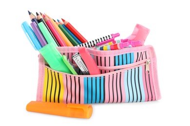 Photo of Set of colorful school stationery on white background