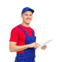 Photo of Young plumber with tablet computer on white background