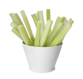 Photo of Celery sticks in bowl isolated on white