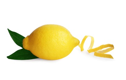Fresh lemon and peel on white background. Citrus zest