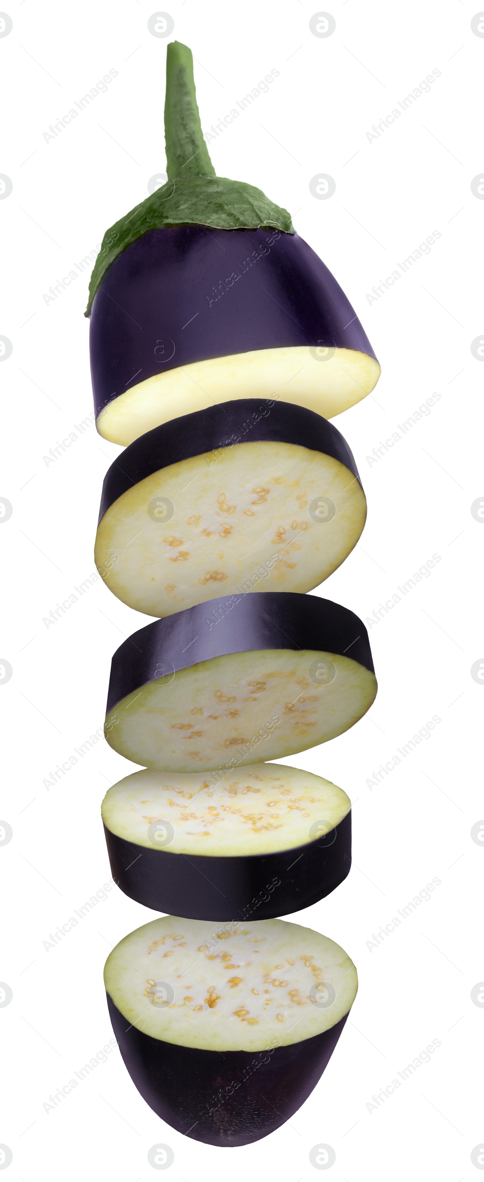 Image of Cut eggplant in air on white background