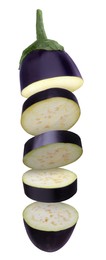 Image of Cut eggplant in air on white background