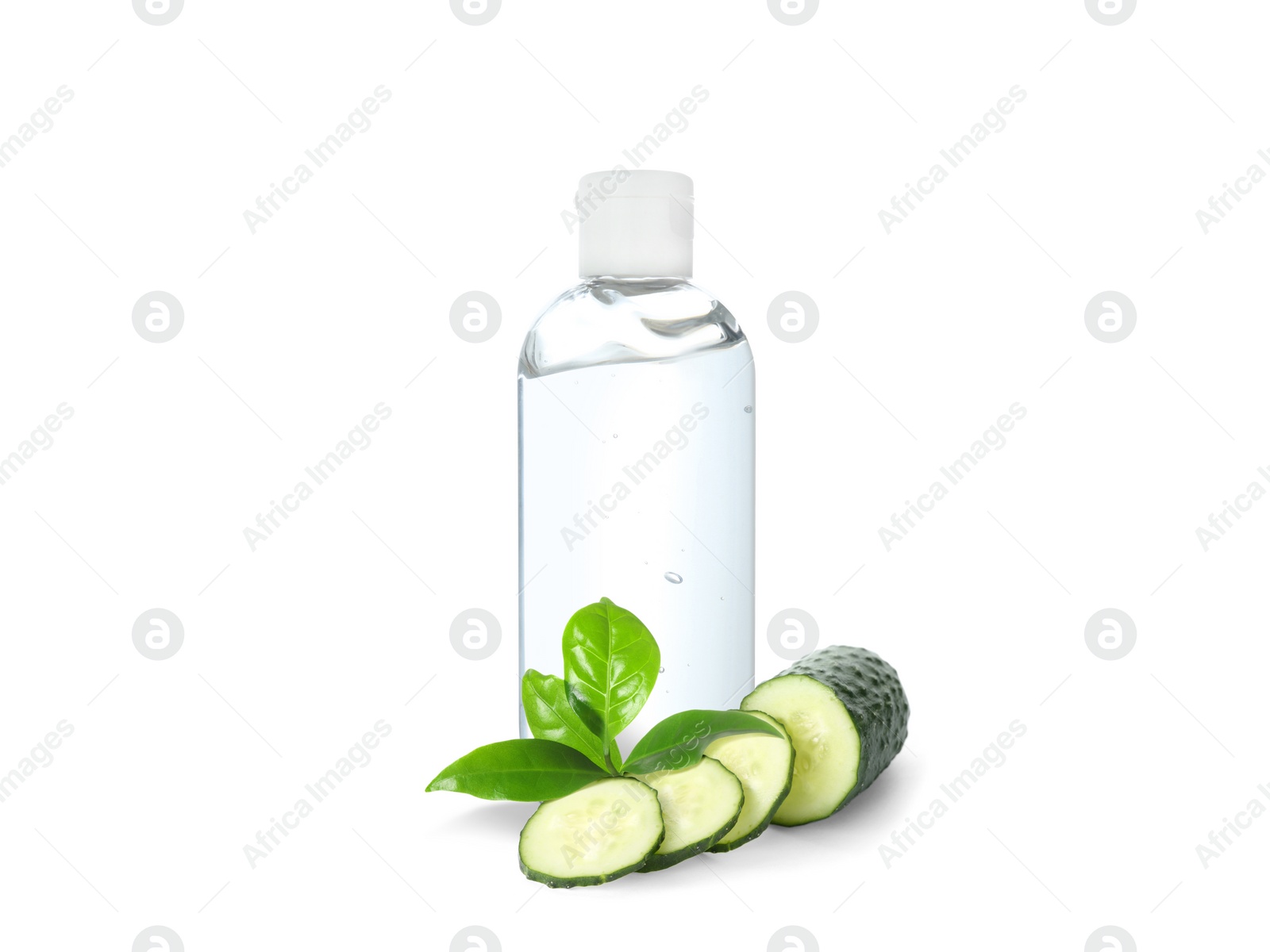 Image of Bottle of micellar cleansing water, fresh cucumber and green leaves on white background. Makeup remover