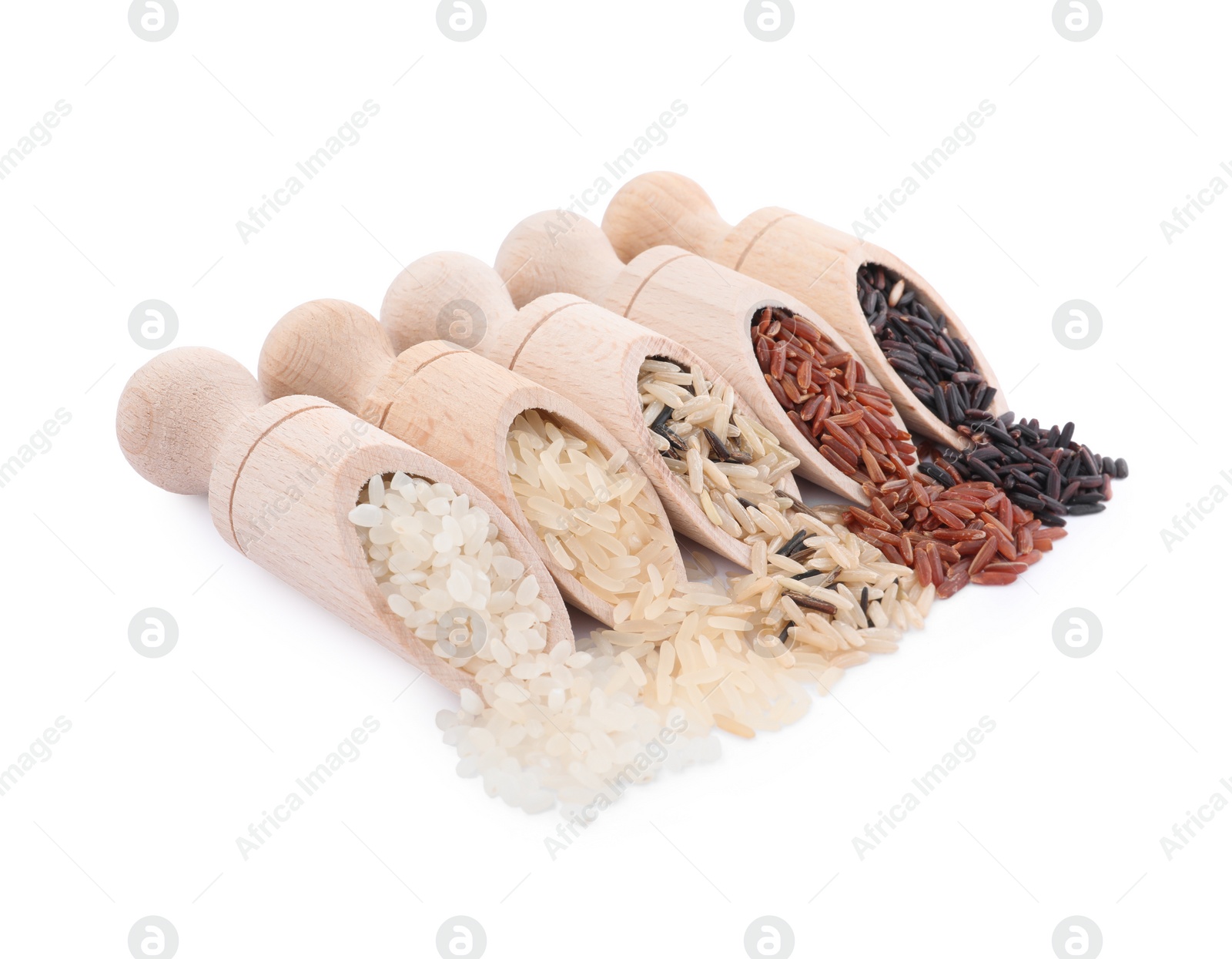 Photo of Different sorts of rice in scoops isolated on white