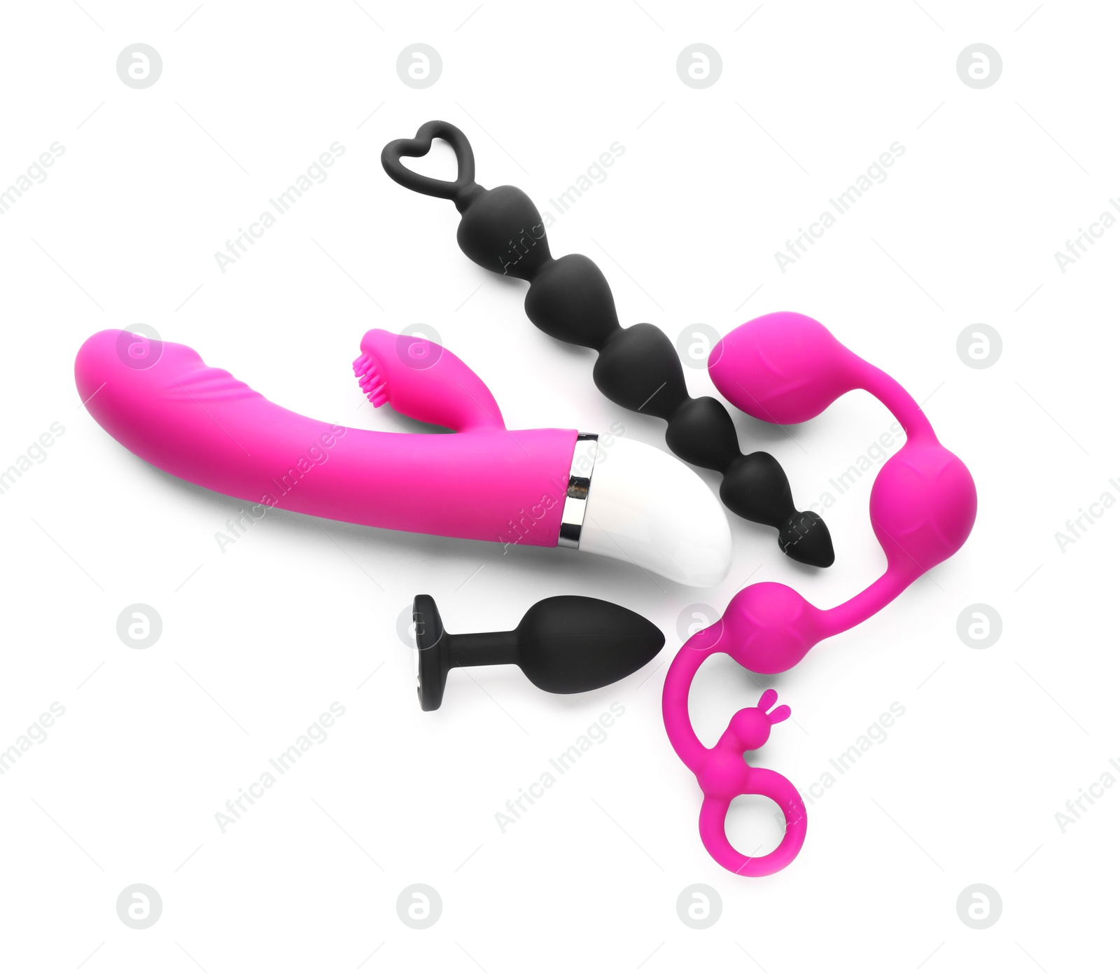 Photo of Set of different sex toys on white background, top view