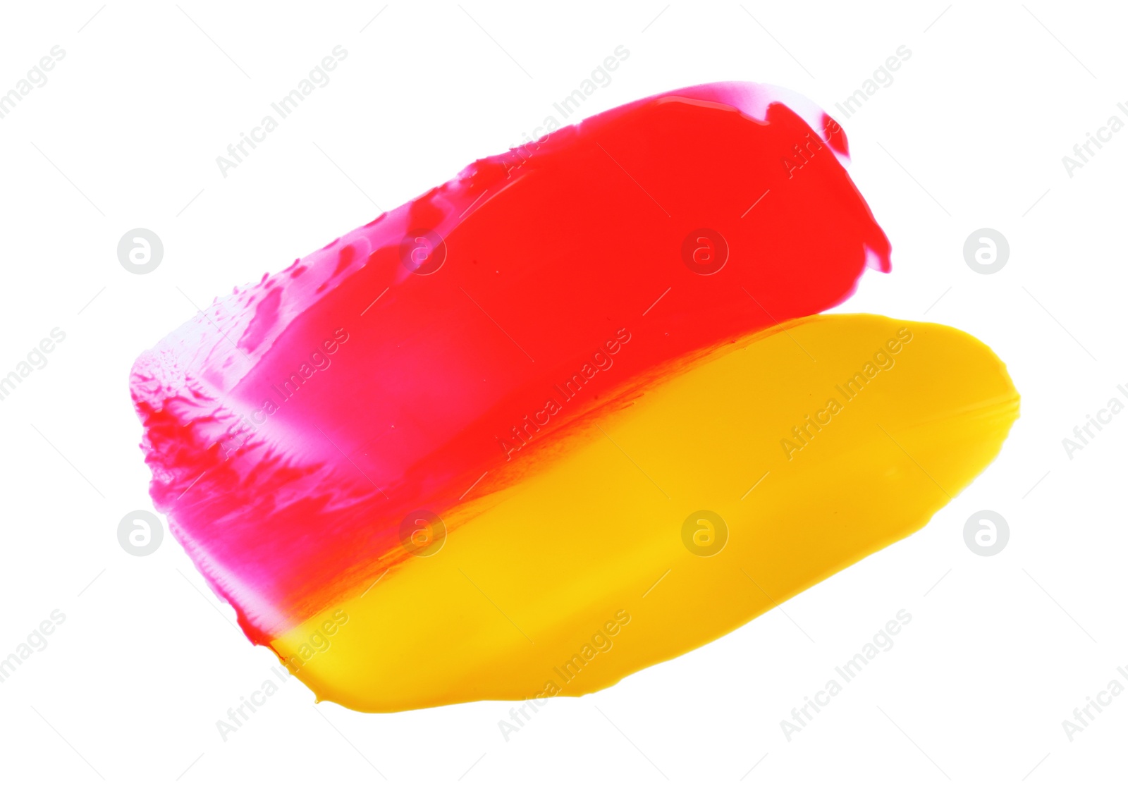 Photo of Red and golden paint samples on white background, top view