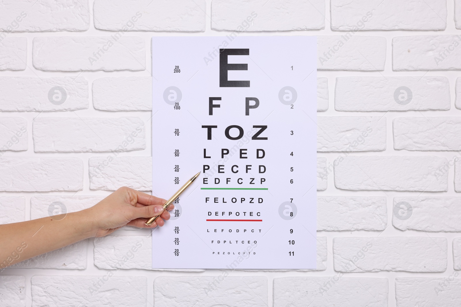 Photo of Ophthalmologist pointing at vision test chart on white brick wall, closeup