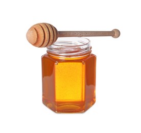 Photo of Tasty natural honey in glass jar and dipper isolated on white