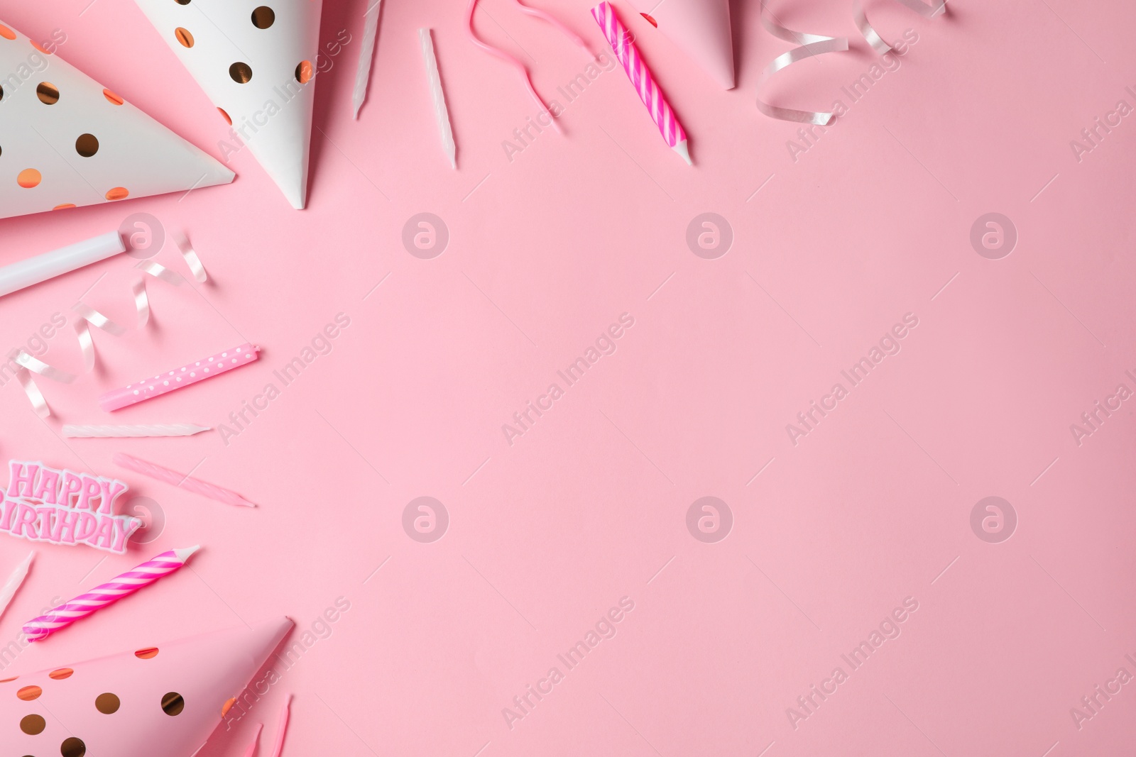 Photo of Flat lay composition with birthday party items on color background