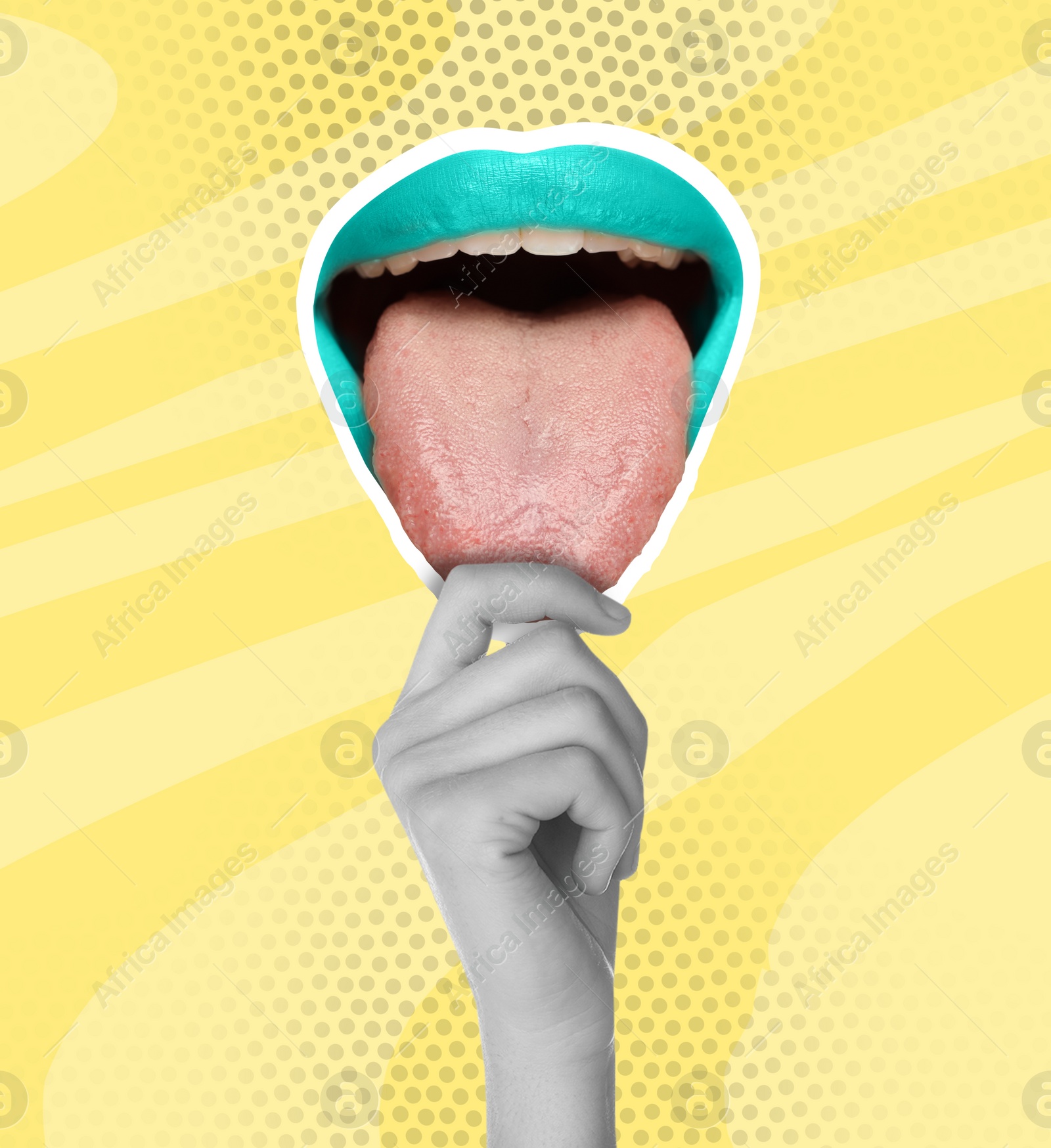 Image of Stylish art collage. Woman holding sticker with mouth showing tongue on yellow background, closeup