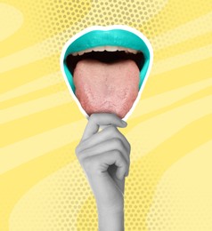 Stylish art collage. Woman holding sticker with mouth showing tongue on yellow background, closeup