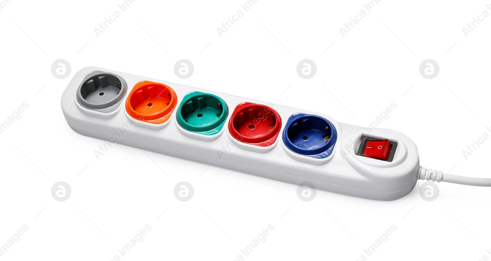 Photo of Power strip with switch button on white background