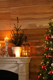 Photo of Small potted fir, candles and decor elements on white mantel near wooden wall