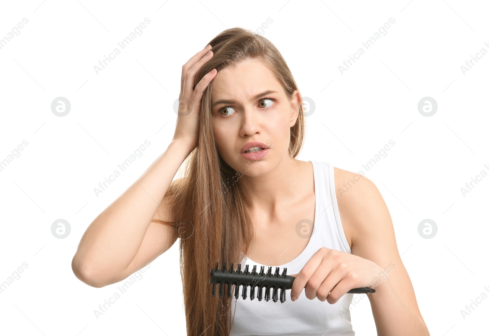 Photo of Young woman with hair loss problem on white background