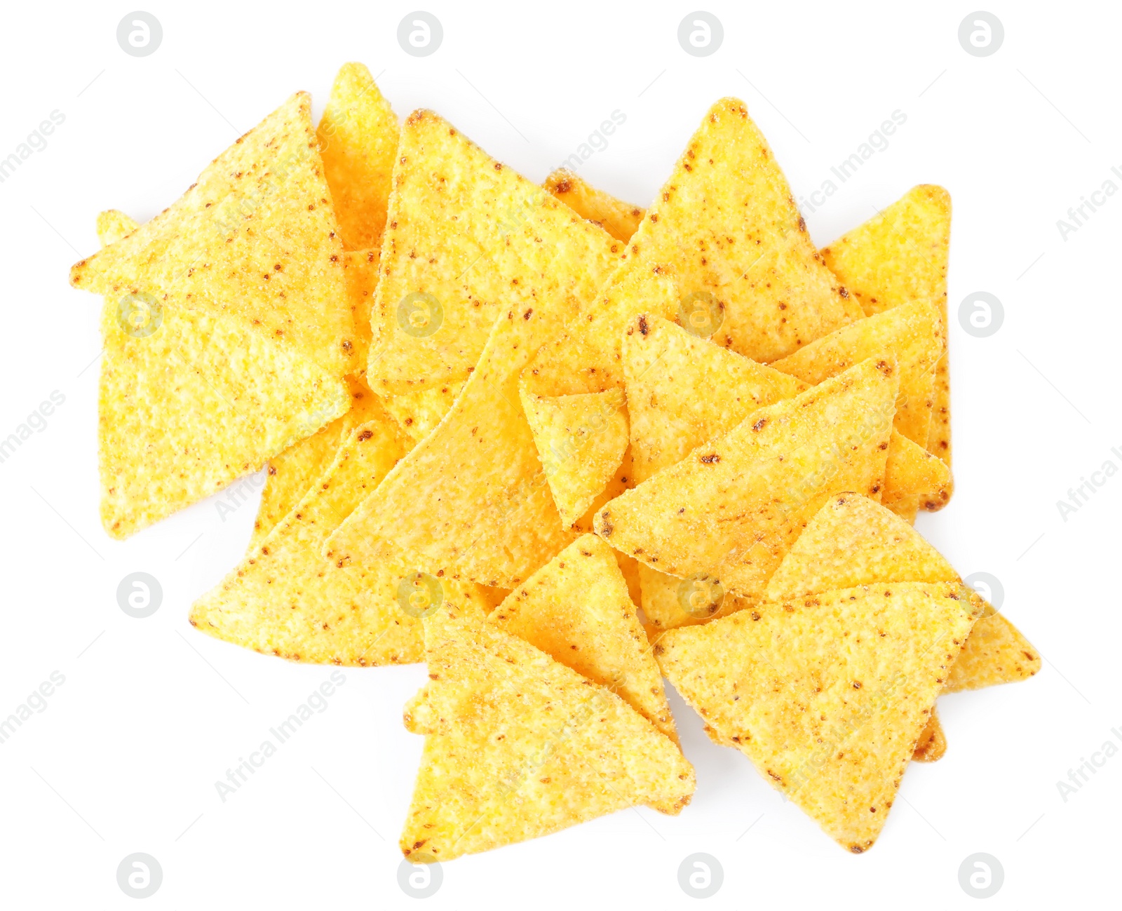 Photo of Pile of tasty Mexican nachos chips on white background, top view