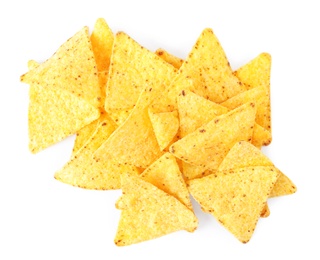 Photo of Pile of tasty Mexican nachos chips on white background, top view