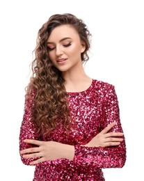 Photo of Beautiful young woman with long curly brown hair in pink sequin dress on white background