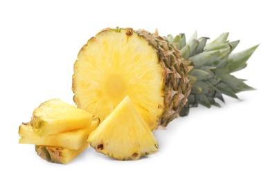 Photo of Tasty raw cut pineapple on white background