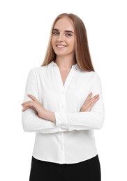 Happy young secretary with crossed arms on white background
