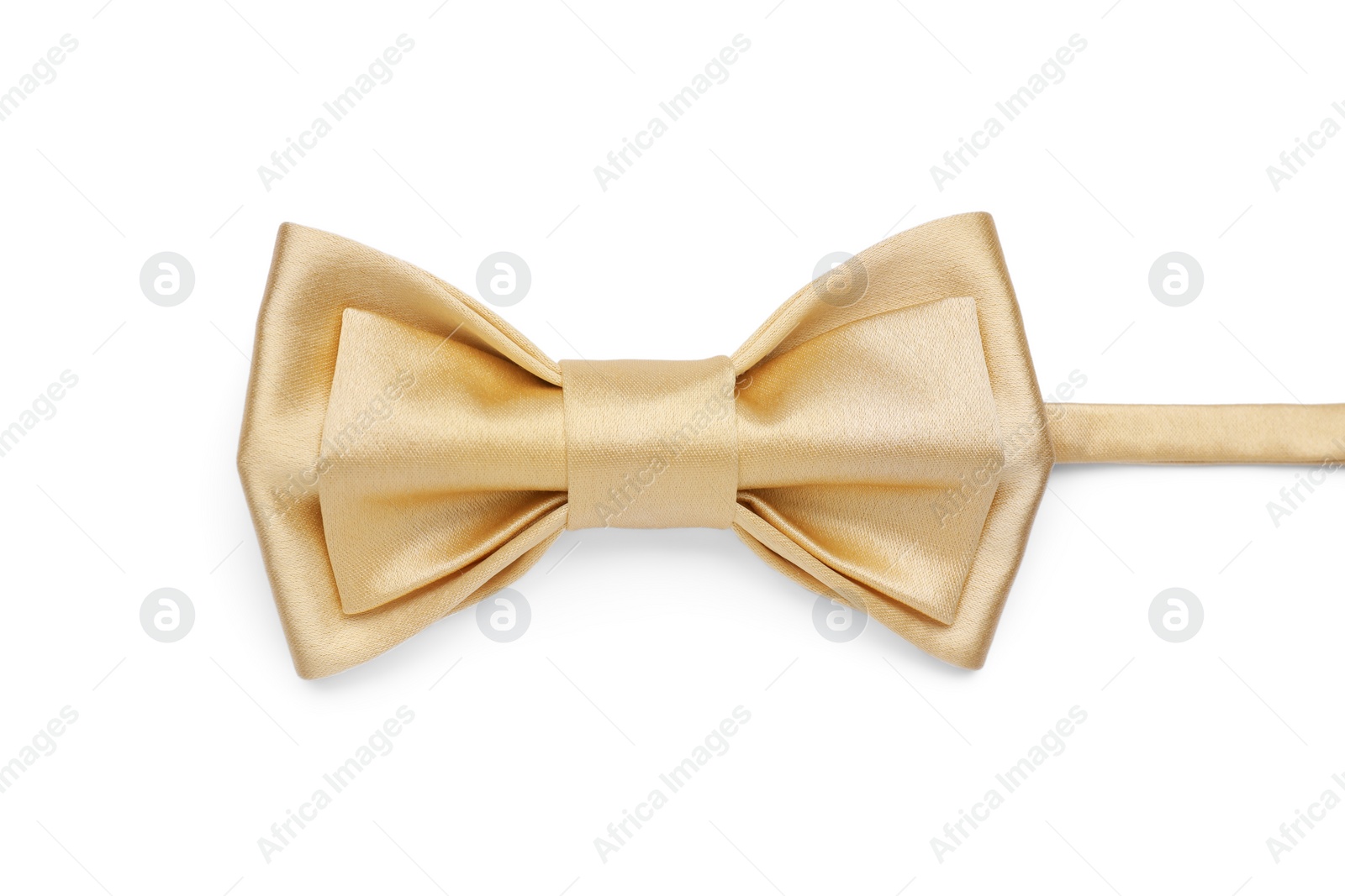 Photo of Stylish beige bow tie on white background, top view