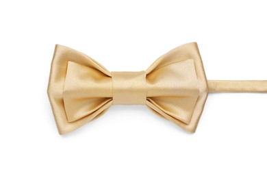 Stylish beige bow tie on white background, top view