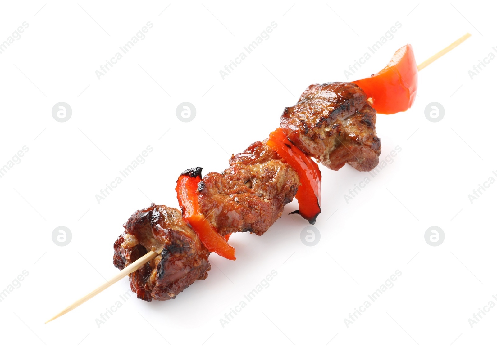 Photo of Skewer with delicious barbecued meat and pepper on white background