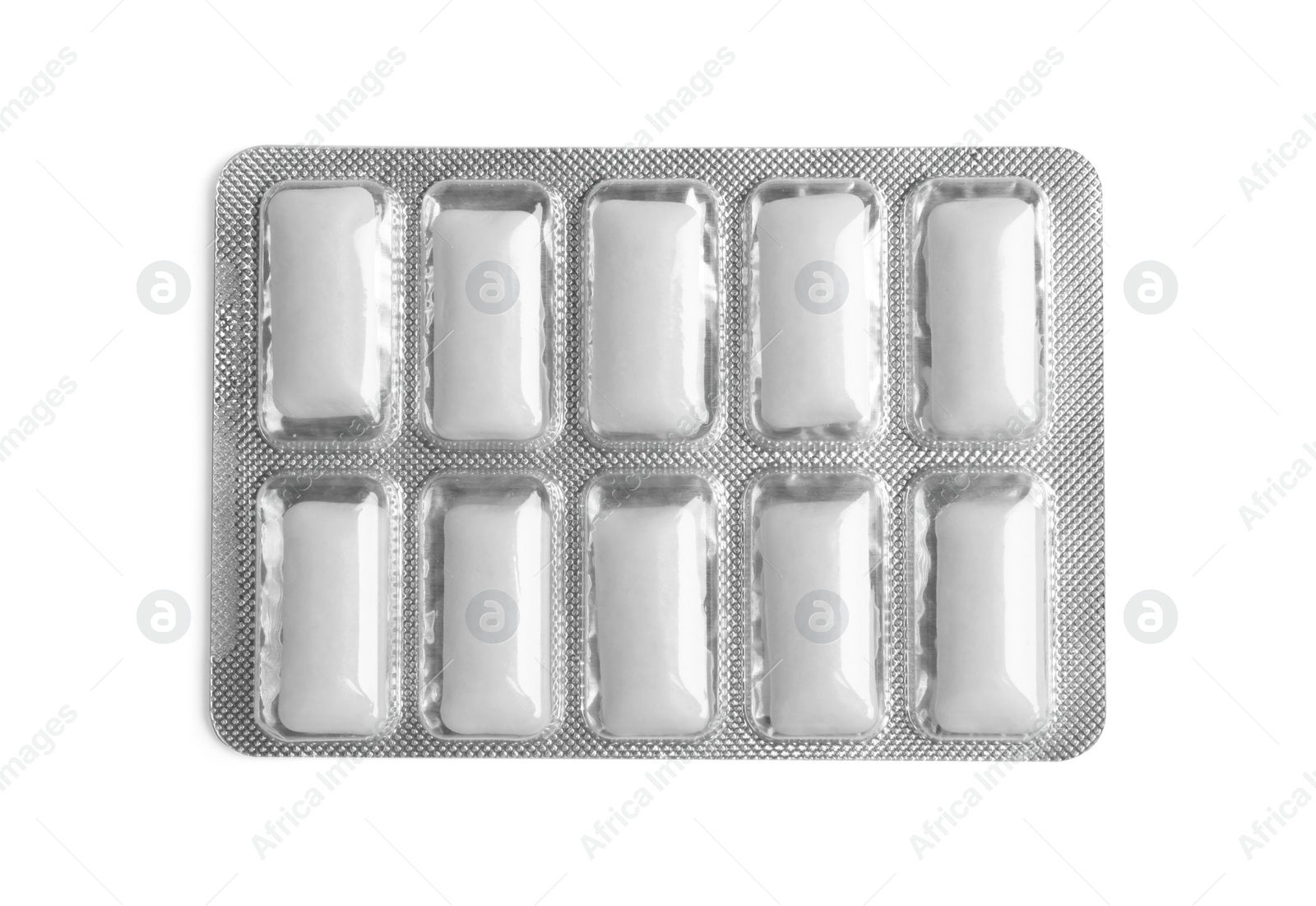 Photo of Blister of chewing gums isolated on white, top view