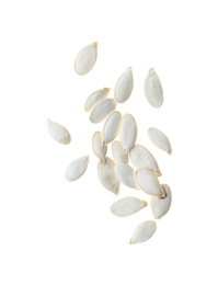 Photo of Raw pumpkin seeds isolated on white, top view. Vegetable planting