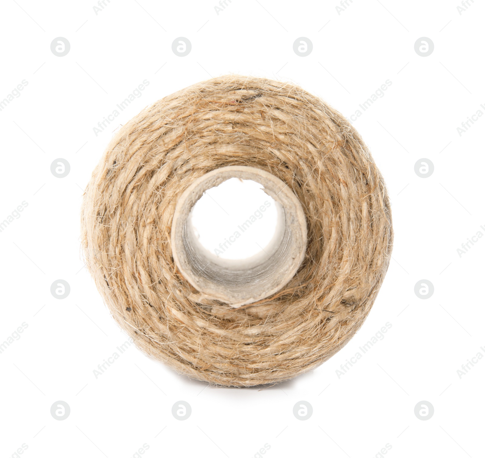 Photo of Spool of hemp rope on white background