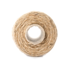 Photo of Spool of hemp rope on white background