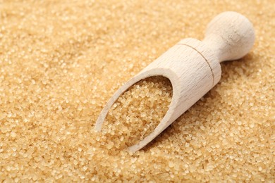 Wooden scoop on granulated brown sugar, closeup view