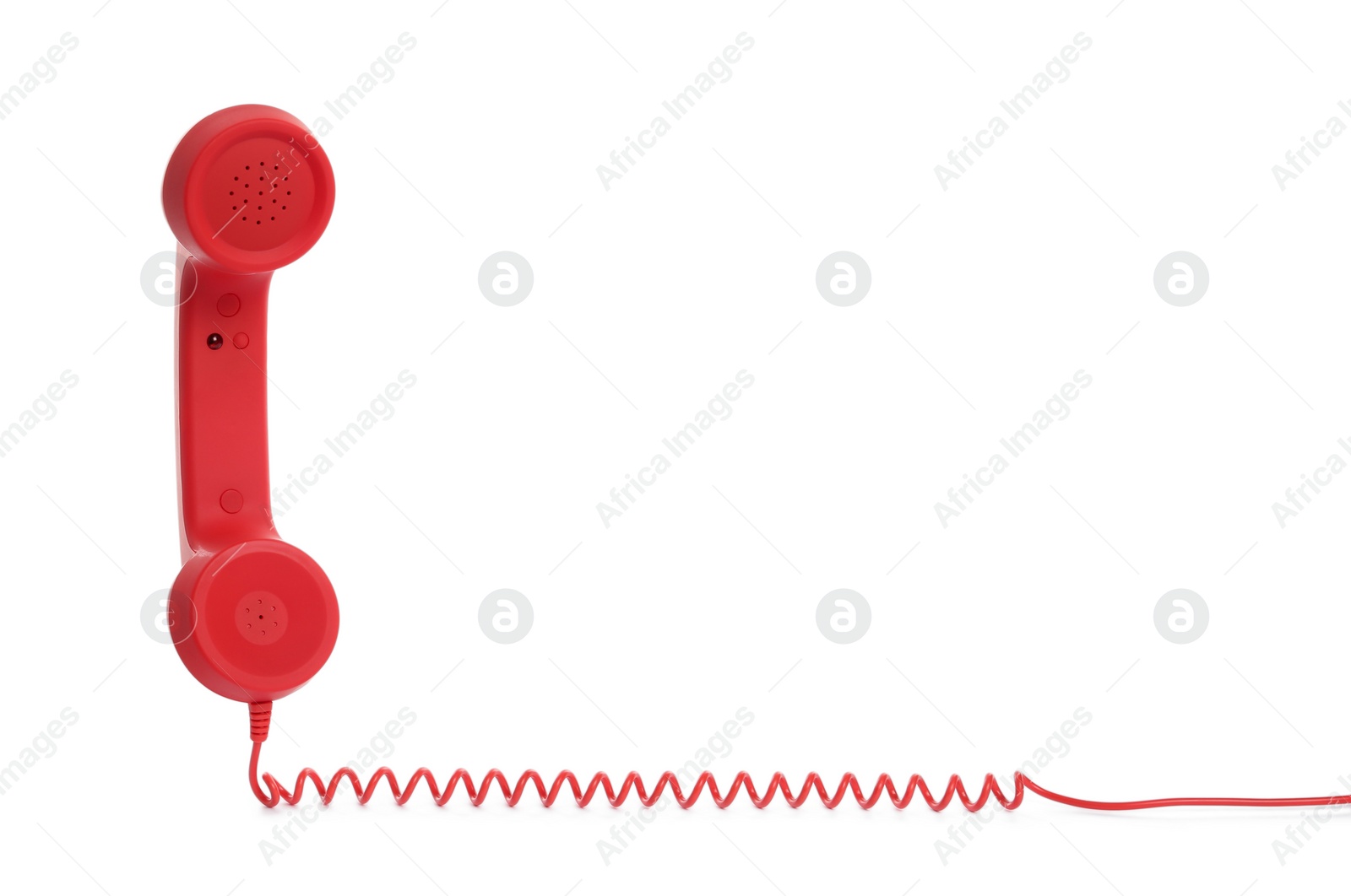 Photo of Red corded telephone handset on white background. Hotline concept