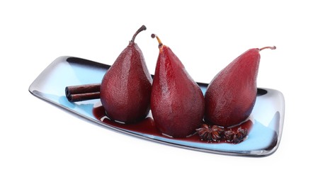 Photo of Tasty red wine poached pears and spices isolated on white
