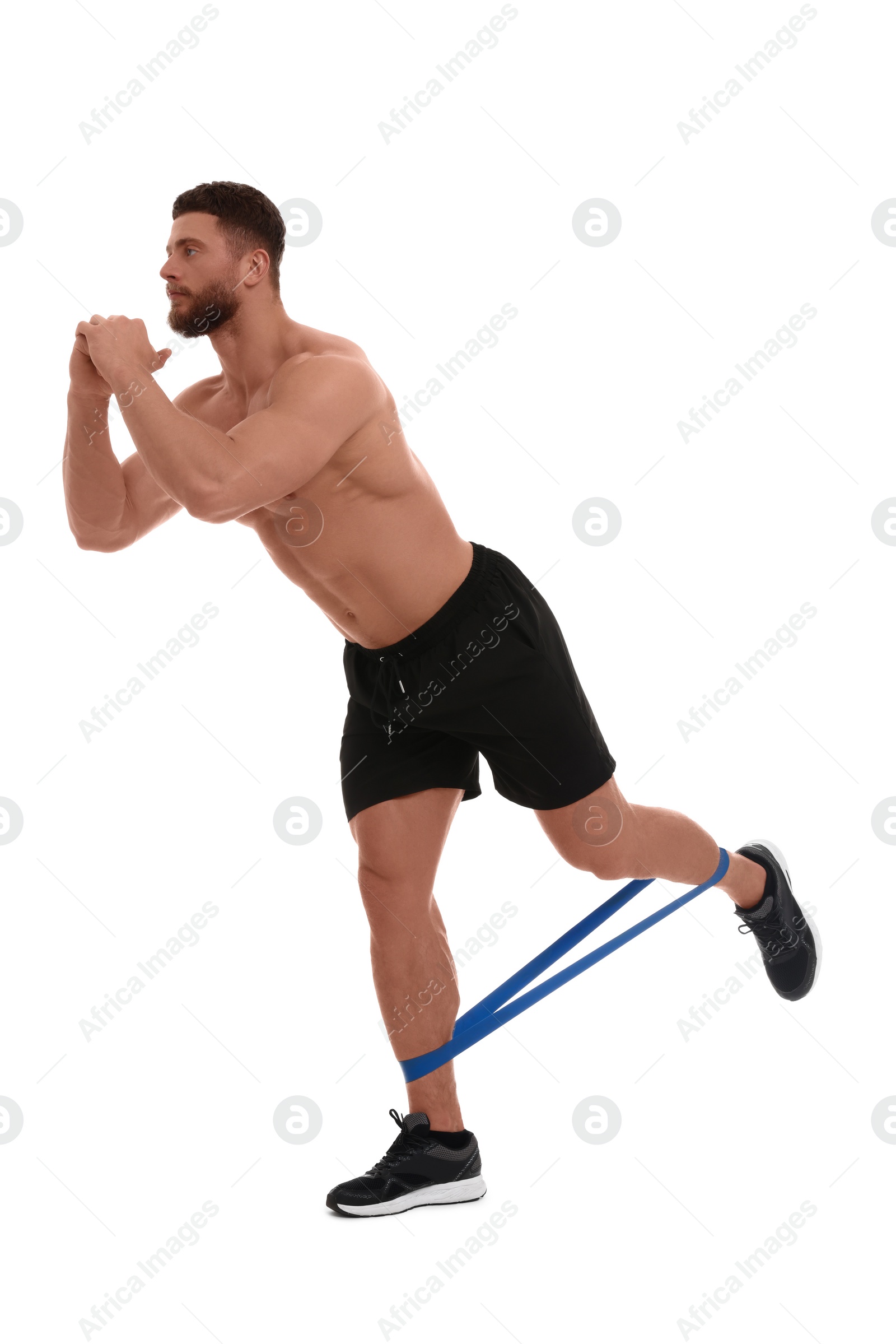 Photo of Young man exercising with elastic resistance band on white background