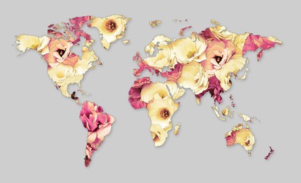 Image of World map made of beautiful flowers on grey background, banner design