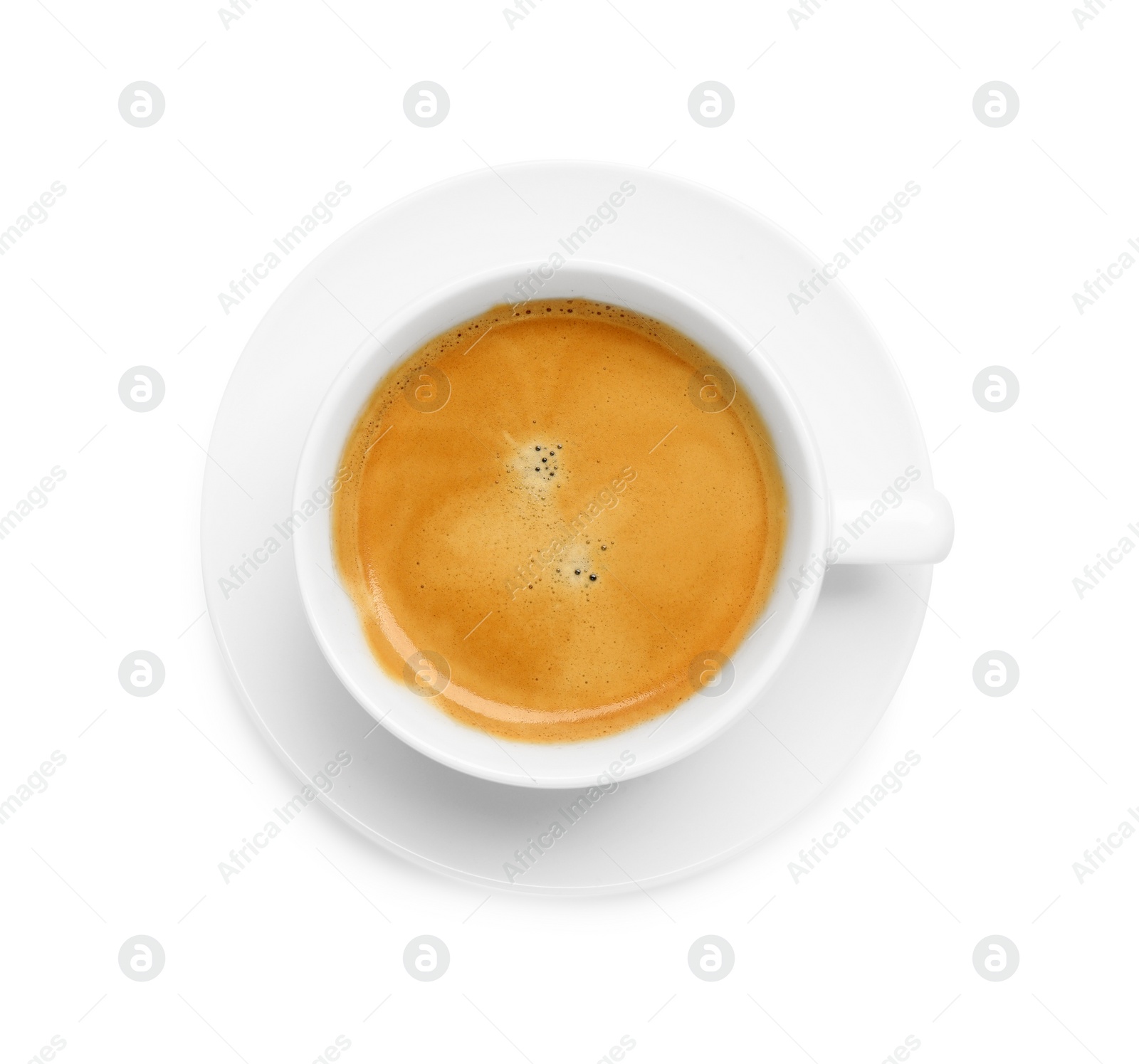 Photo of Cup of hot coffee and saucer isolated on white, top view