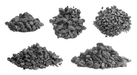 Image of Collage with different piles of coal on white background