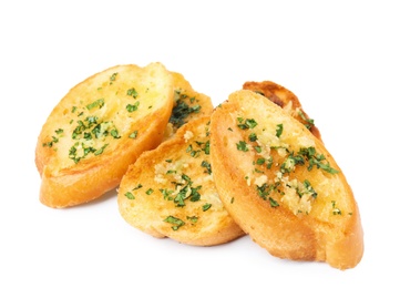 Photo of Slices of tasty garlic bread with herbs isolated on white