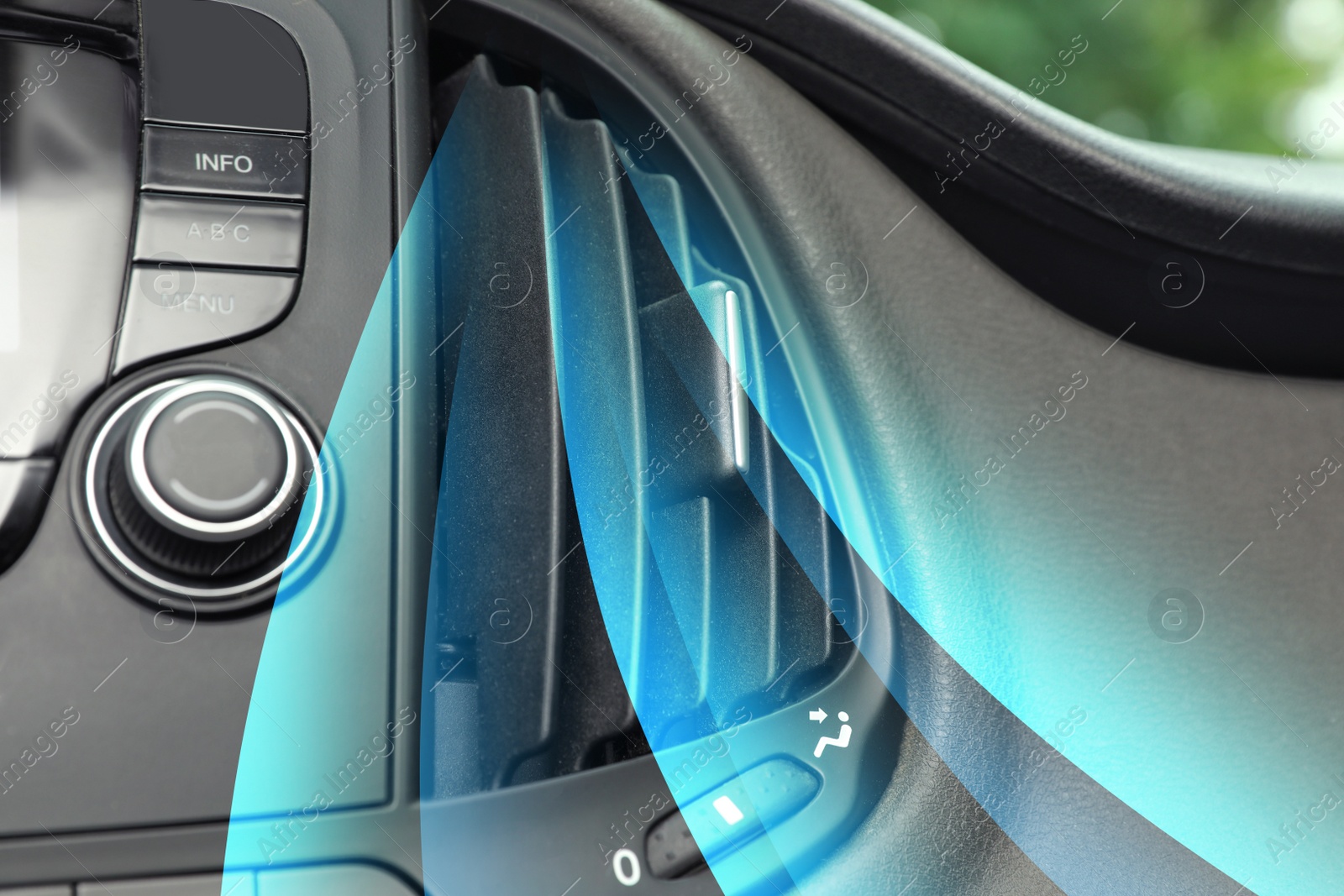 Image of Closeup view of conditioning system in car and illustration of cool air flow